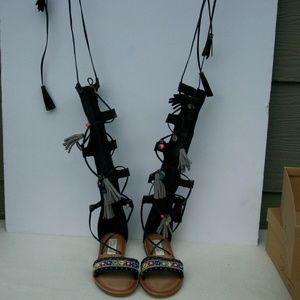 Gladiator Sandals Sz 8 Zip Lace Up Sequins Black